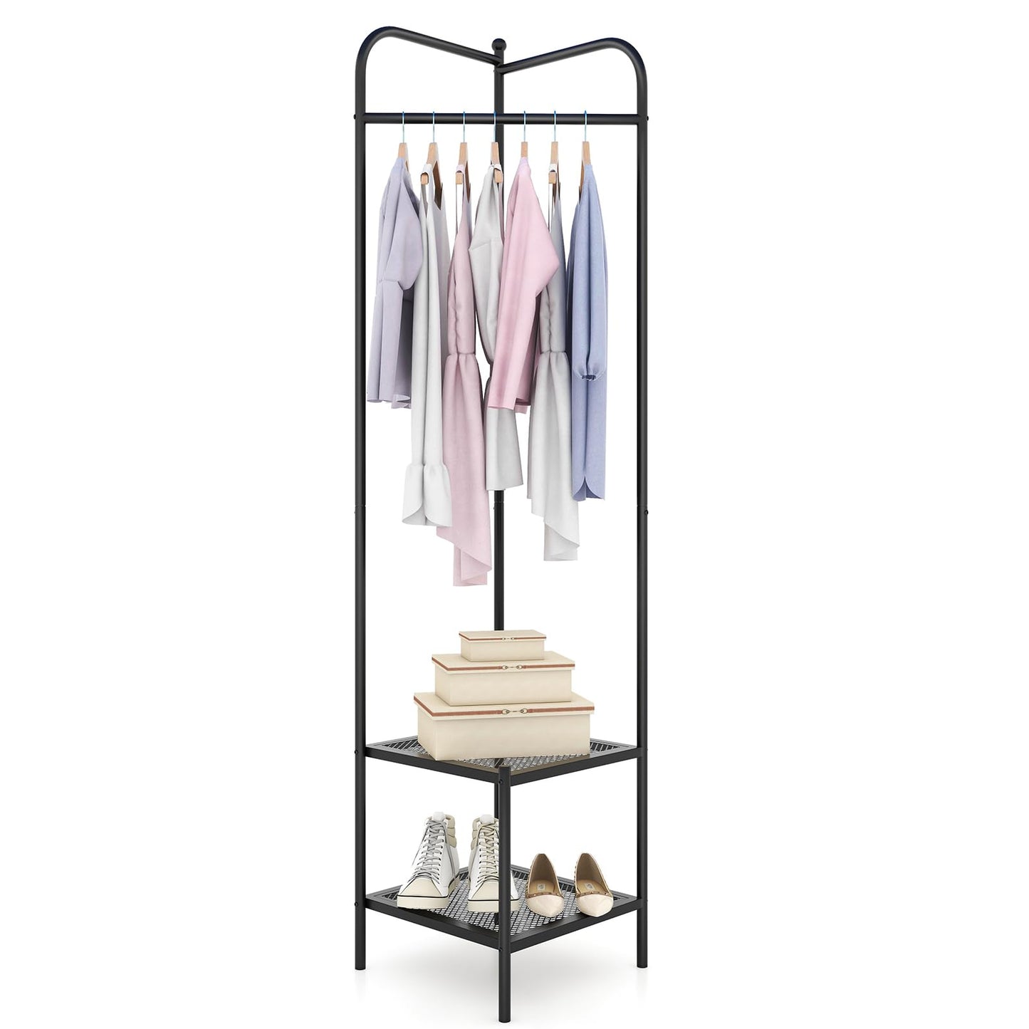 Corner Coat Rack with Shelves and Top Hanger