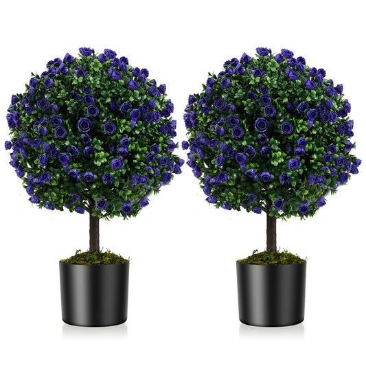 Set of 2 Artificial Purple Rose Topiary Ball Trees 55cm Faux Boxwood Ball Tree