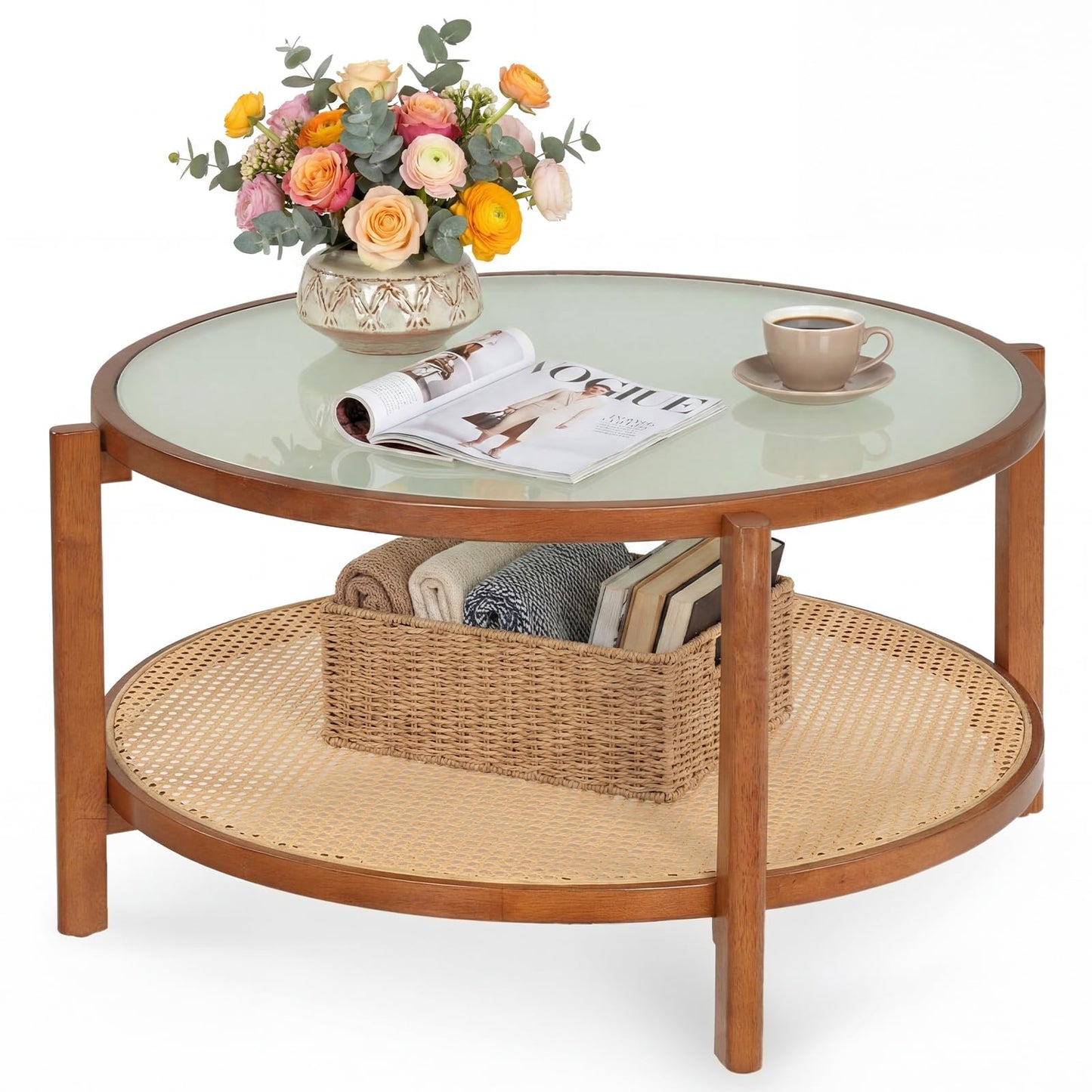 Rattan Coffee Table with Tempered Glass Top for Living Room