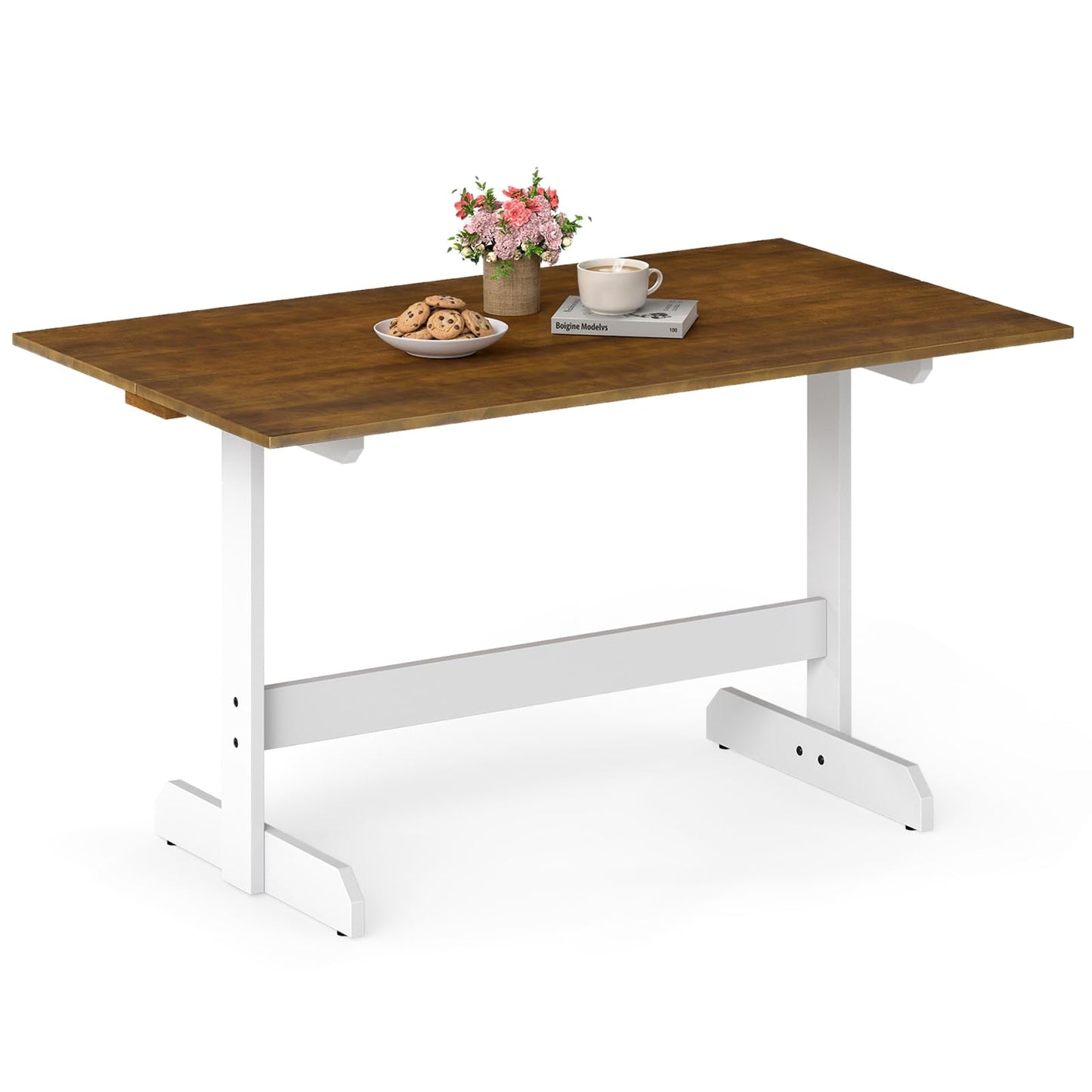 Dining Table for 4-6 People Rectangular Kitchen Table with Solid Wood Trestle Base