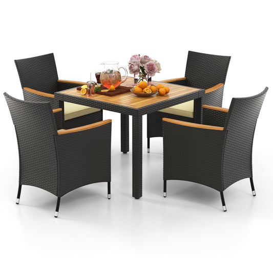 5 PCS Patio Dining Table Rattan Conversation Set with Umbrella Hole