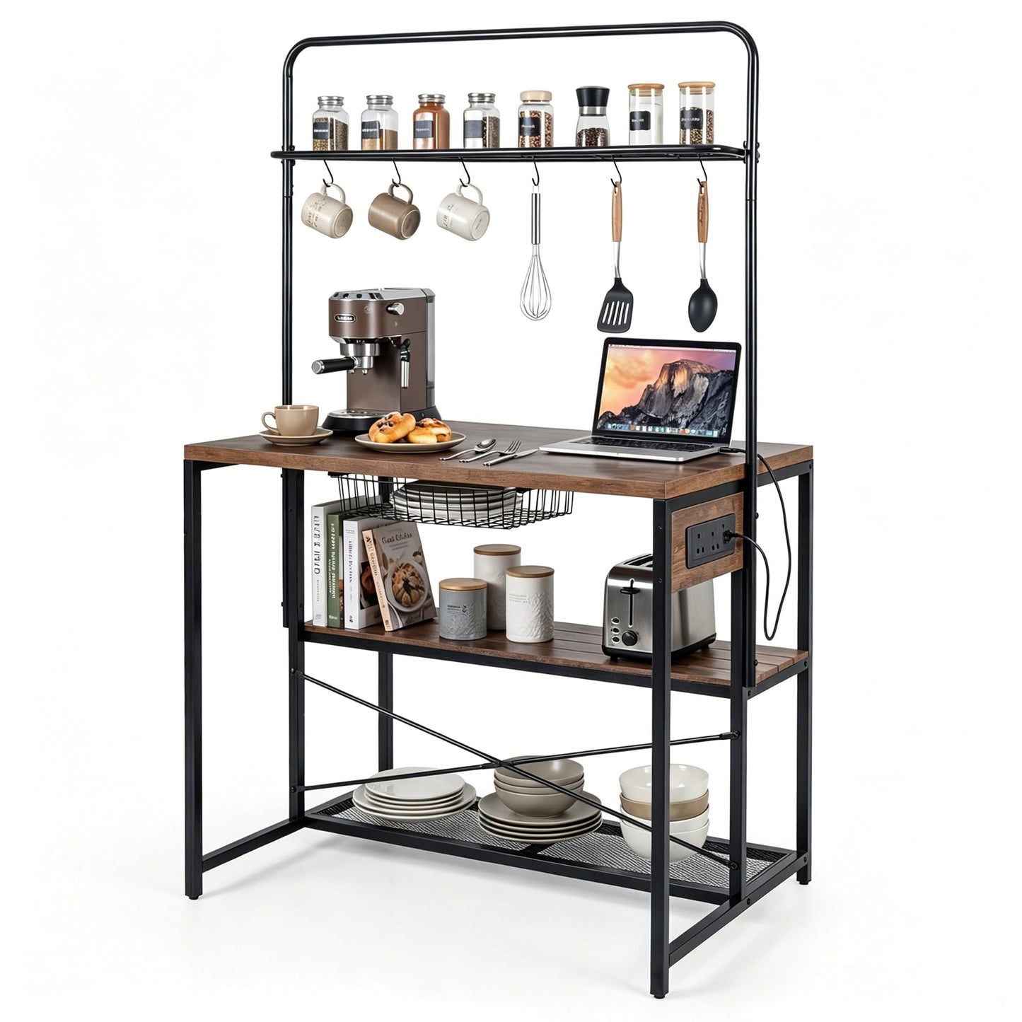 Kitchen Island with Power Outlet, Metal Coffee Bar Table with3 Open Shelves, 6 Hooks & Pull-out Basket, Industrial Bakers Rack Stationary Storage Island for Dining Room,