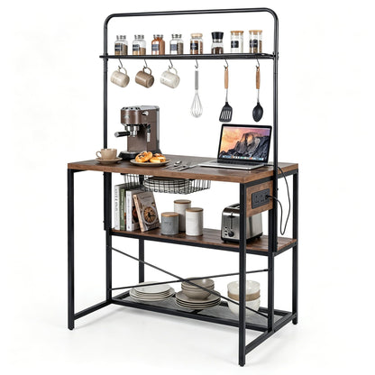 Kitchen Island with Power Outlet, Metal Coffee Bar Table with3 Open Shelves, 6 Hooks & Pull-out Basket, Industrial Bakers Rack Stationary Storage Island for Dining Room,