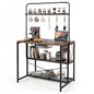 Kitchen Island with Power Outlet, Metal Coffee Bar Table with3 Open Shelves, 6 Hooks & Pull-out Basket, Industrial Bakers Rack Stationary Storage Island for Dining Room,