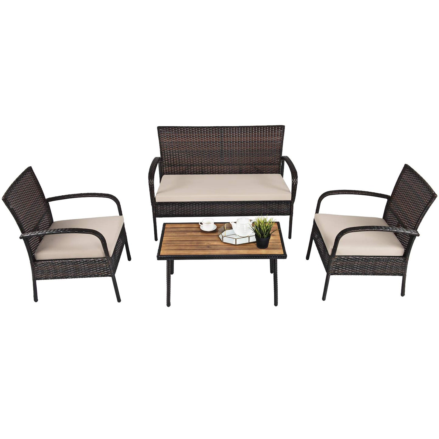 Giantex Garden Furniture Set 4 Piece Patio Conversation Set with Loveseat Coffee Table and 2 Armchairs
