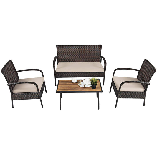 Giantex Garden Furniture Set 4 Piece Patio Conversation Set with Loveseat Coffee Table and 2 Armchairs
