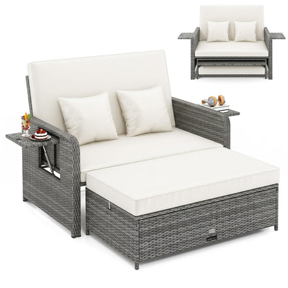 Garden Rattan Daybed, 4-Level Adjustable Patio Wicker Loveseat Sofa Bed Sun Lounger