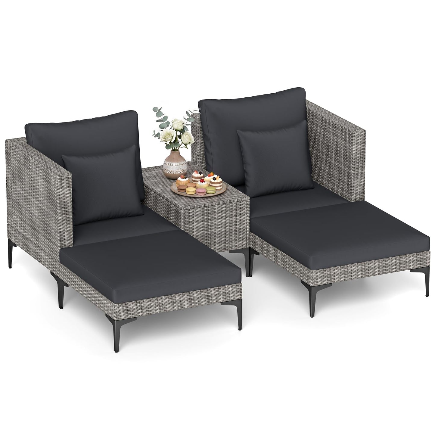 5-Piece Rattan Garden Furniture Set, Patio Conversation Set with 2 Chairs, 2 Ottomans, Coffee Table & Thick Cushions