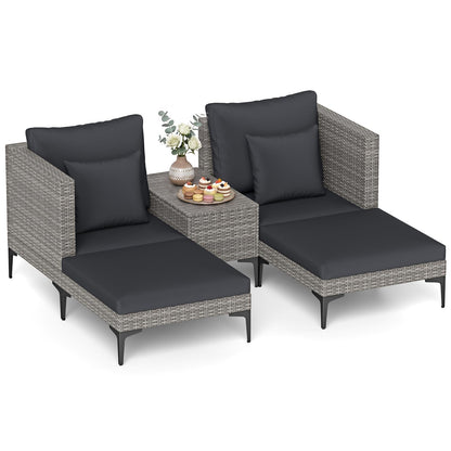 5-Piece Rattan Garden Furniture Set, Patio Conversation Set with 2 Chairs, 2 Ottomans, Coffee Table & Thick Cushions