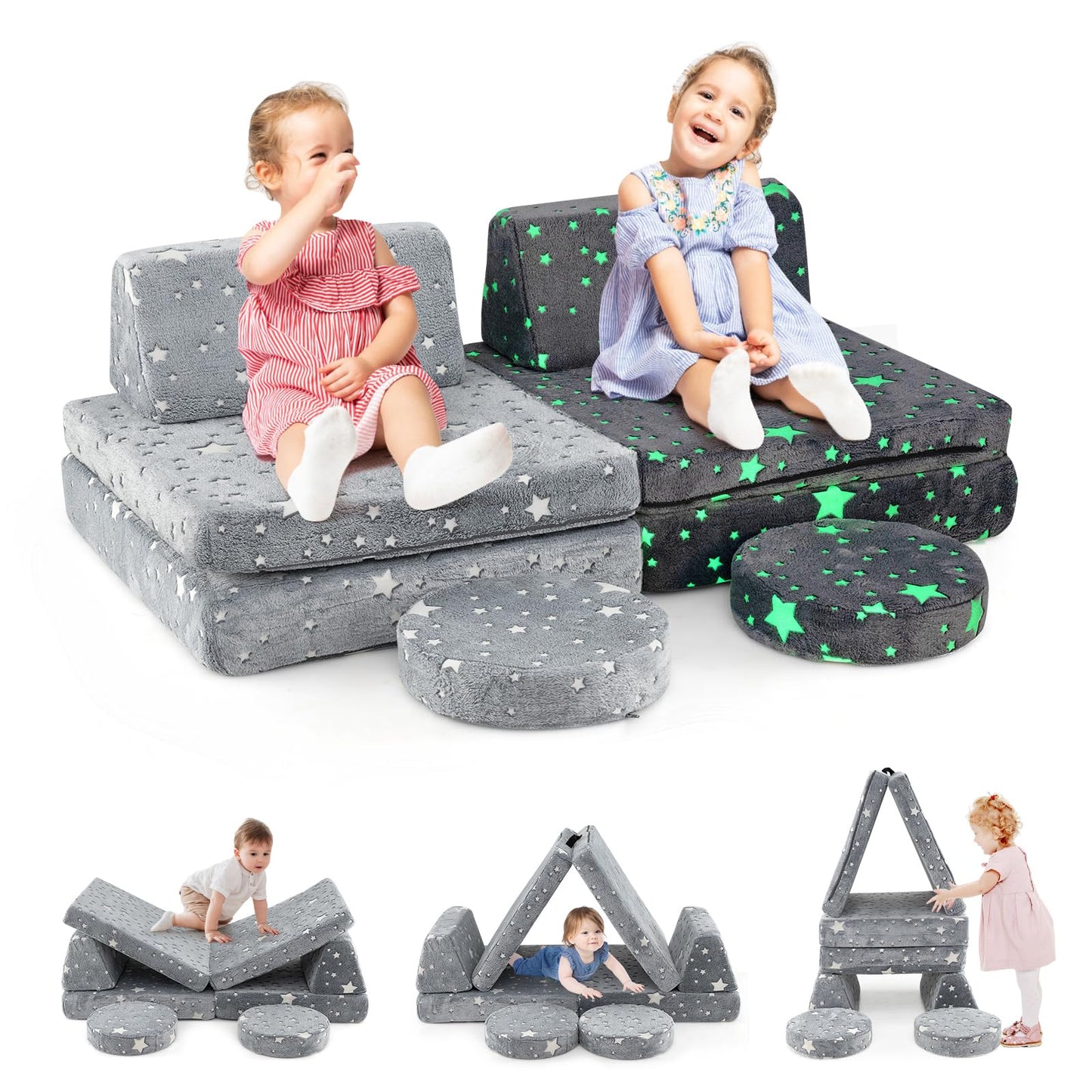 Glow in the Dark Modular Kids Play Couch Set with Machine-washable Flannel Covers and Portable Handles