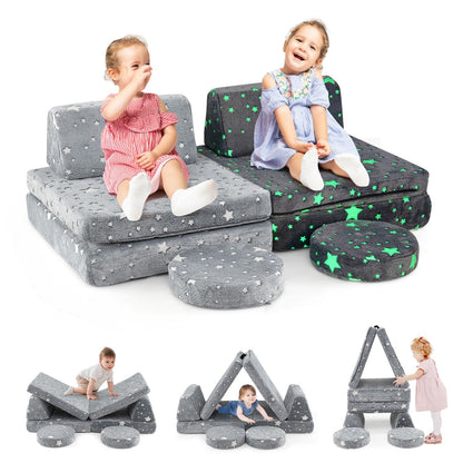 Glow in the Dark Modular Kids Play Couch Set with Machine-washable Flannel Covers and Portable Handles