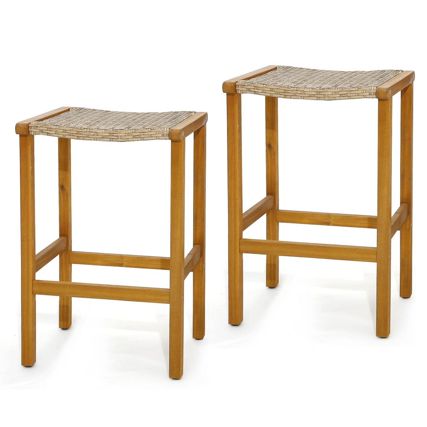GiantexUK Rattan Garden Bar Stools Set of 2, Acacia Wood Patio Chairs with Curved Seat