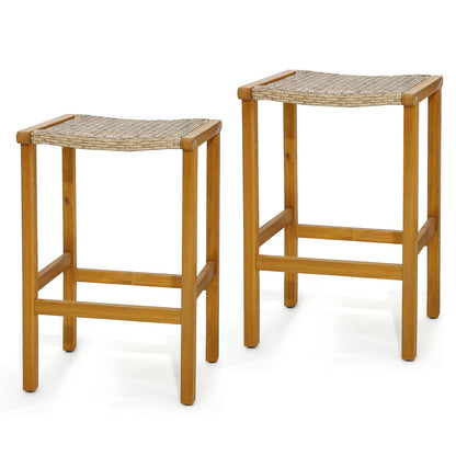 GiantexUK Rattan Garden Bar Stools Set of 2, Acacia Wood Patio Chairs with Curved Seat