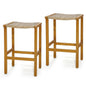 GiantexUK Rattan Garden Bar Stools Set of 2, Acacia Wood Patio Chairs with Curved Seat