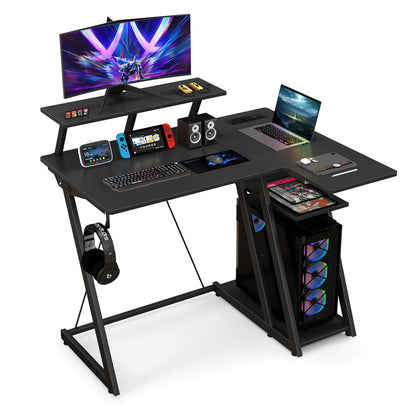 L-Shaped Gaming Desk with Outlets USB Ports and Monitor Shelf