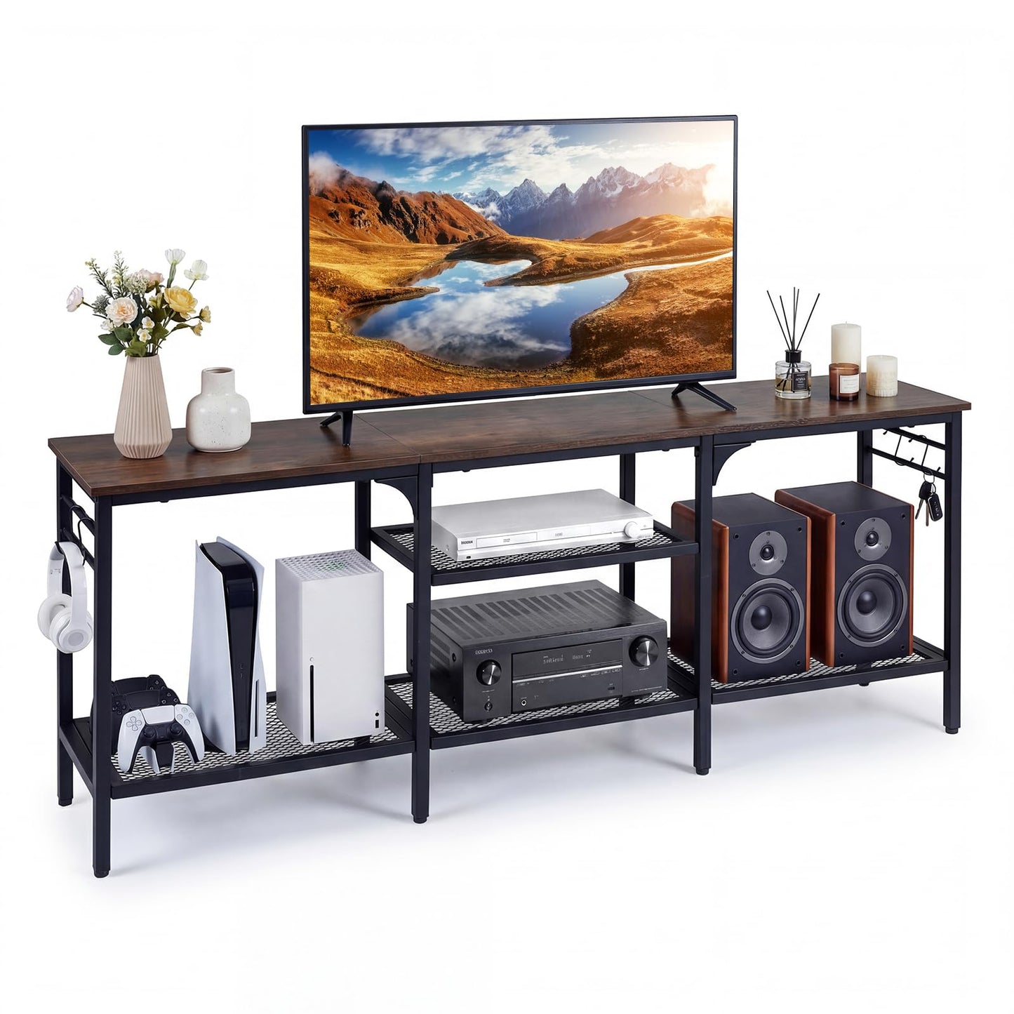 TV Unit for 65 Inch TVs, 140cm Industrial TV Stand Cabinet with Mesh Storage Shelves