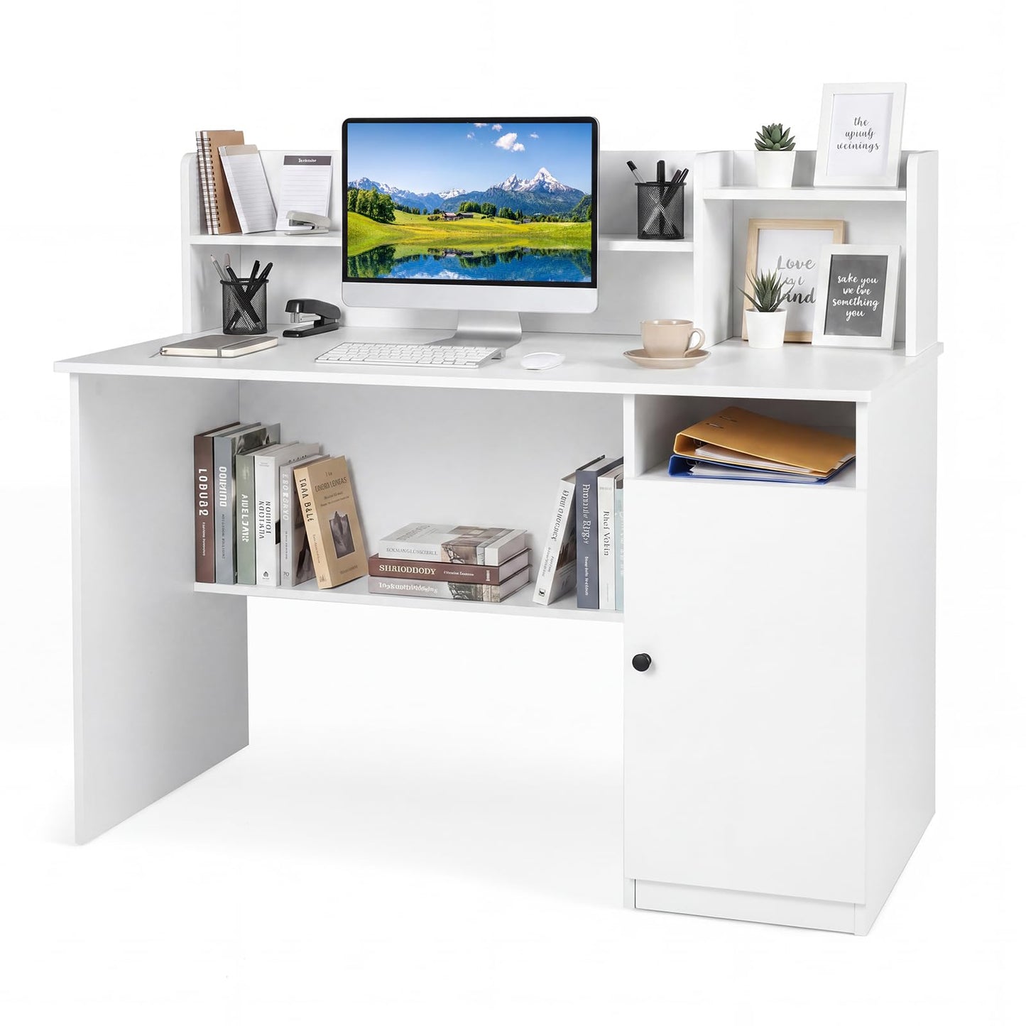120CM Computer Desk, Wooden PC Laptop Table Writing Workstation with Monitor Stand