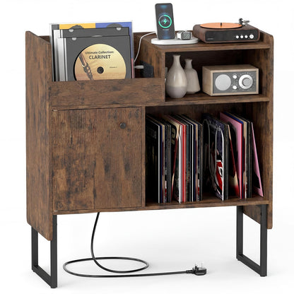 Record Player Stand with Charging Station, End Table with Display Shelves & Door