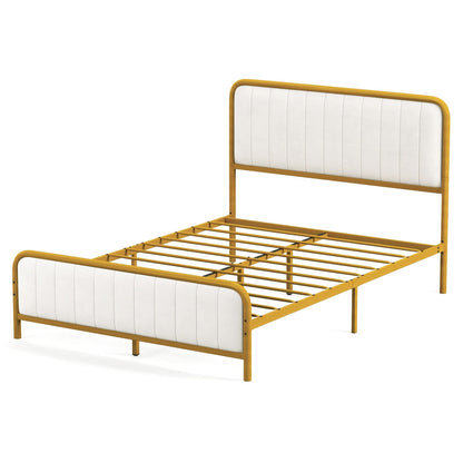 Upholstered Full Size Bed Frame, Double Metal Platform Bed with Velvet Headboard