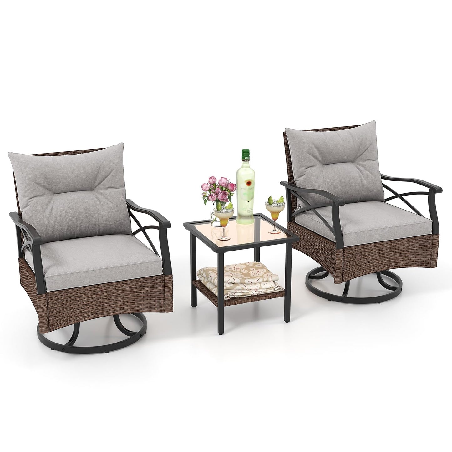 3 Piece Patio Swivel Rocker Set with 2-Tier Coffee Table