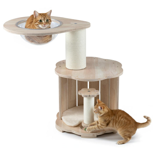 Wooden Cat Tree 3-Level Cute Kitten Tower with Condo Space Capsule Scratching Posts
