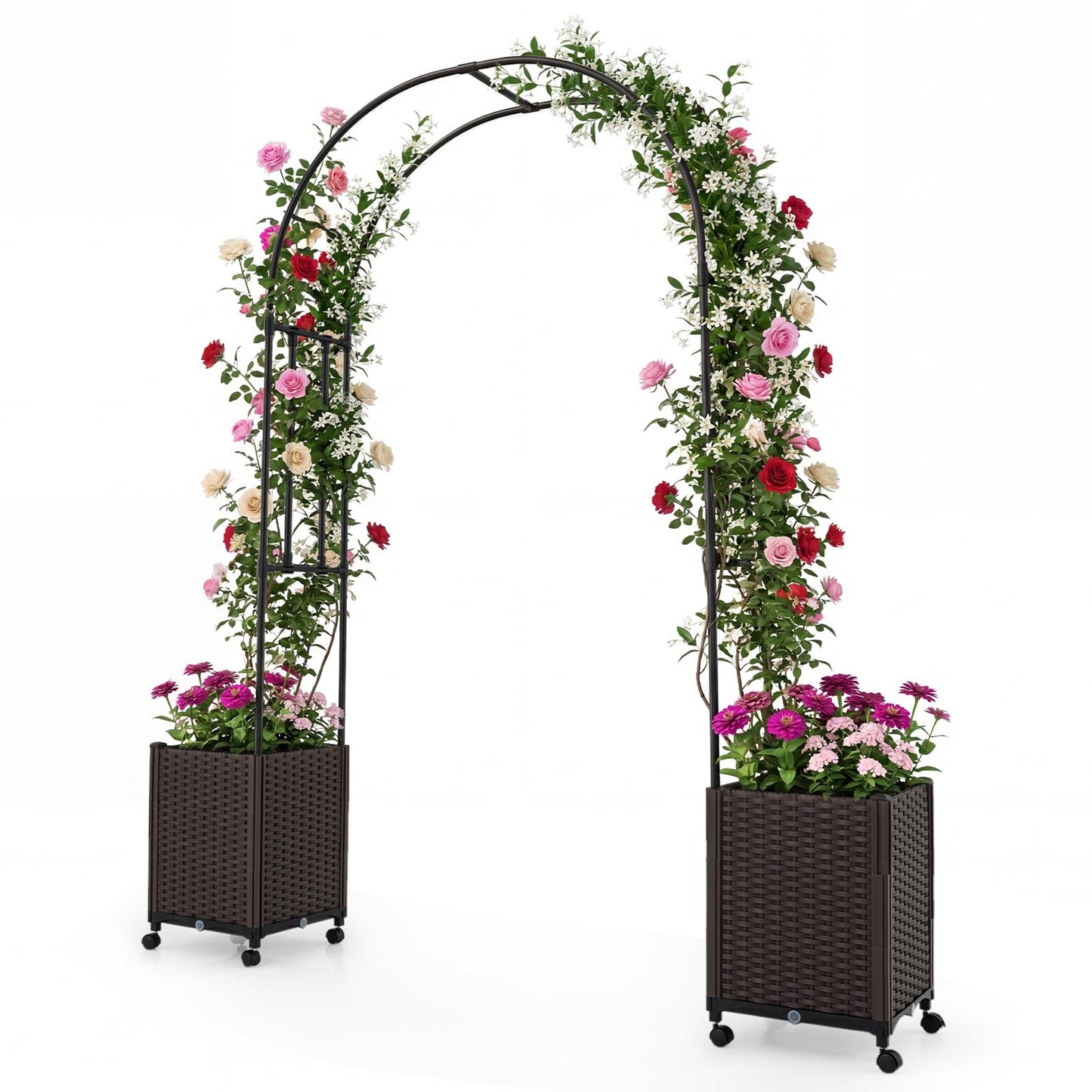 Garden Arch with Planter Box, 2M Metal Pergola Arbor Trellis with Self-Watering System