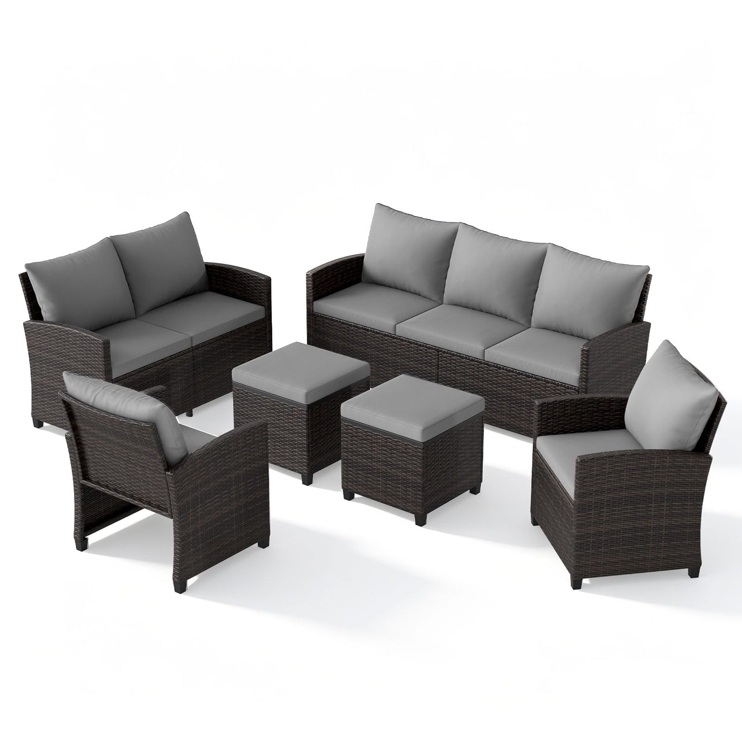9 Seater Rattan Garden Furniture Set, Patio Conversation Set with 3-Seat Sofa, Loveseat, 2 Chairs, 2 Footstools & Cushions