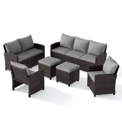 9 Seater Rattan Garden Furniture Set, Patio Conversation Set with 3-Seat Sofa, Loveseat, 2 Chairs, 2 Footstools & Cushions