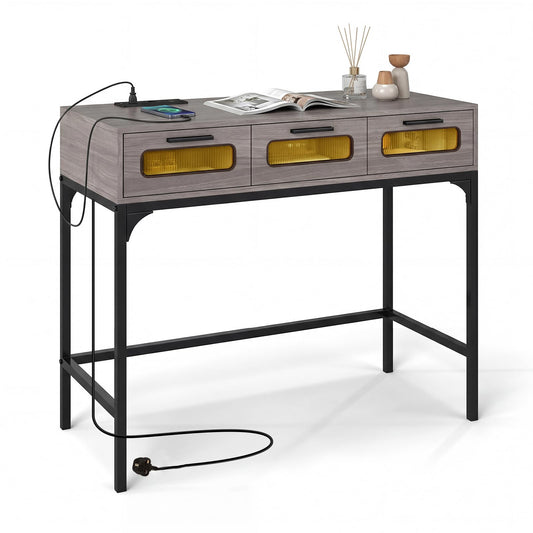 Console Table with LED Lights and Charging Station, 90cm Narrow Entryway Table with 3 Drawers