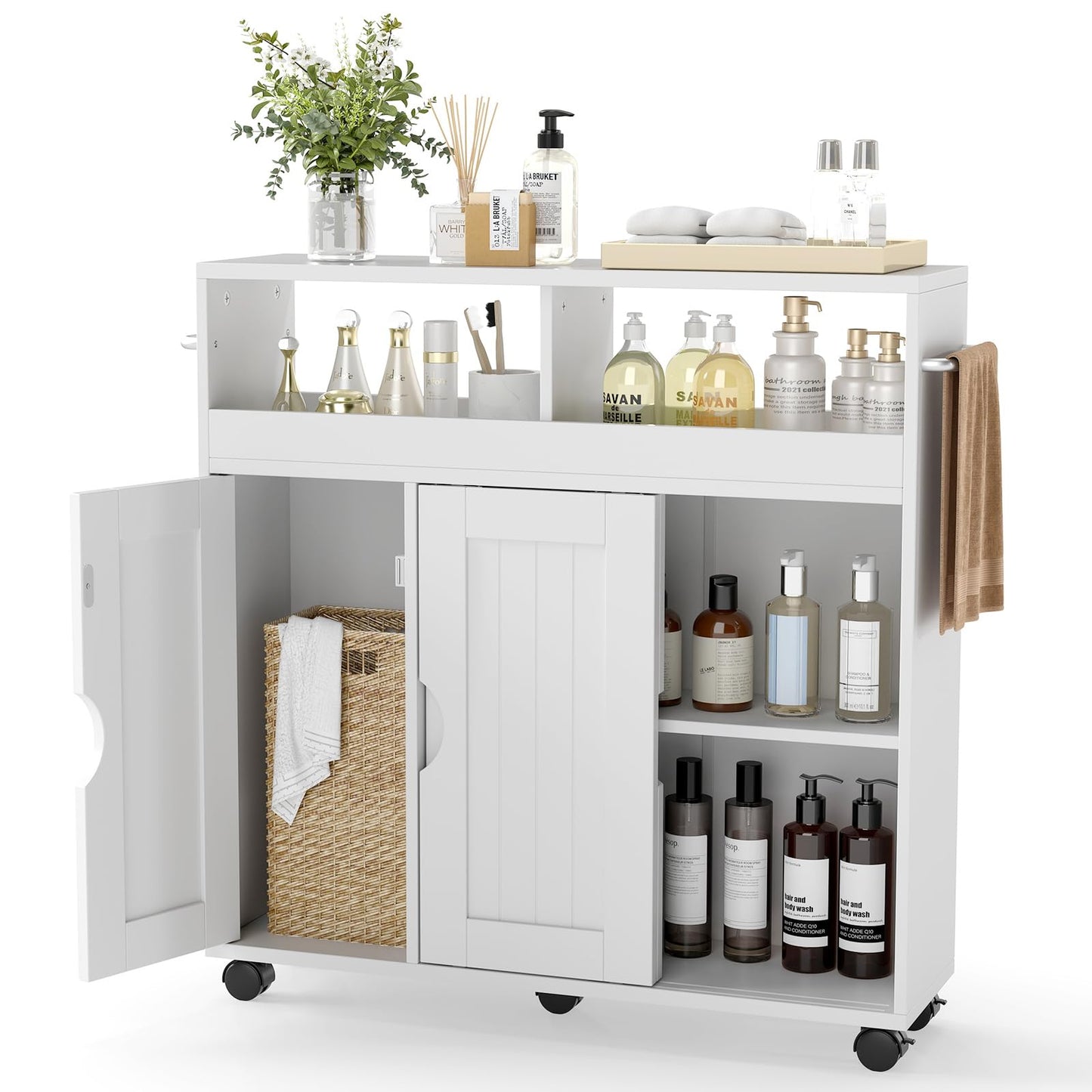 Bathroom Floor Cabinet on Wheels, Freestanding Slim Bathroom Storage Unit
