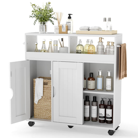 Bathroom Floor Cabinet on Wheels, Freestanding Slim Bathroom Storage Unit