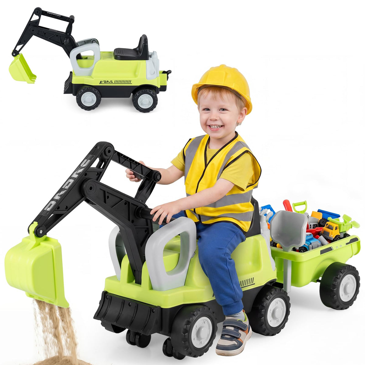 2-In-1 Ride on Push Car with Detachable Trailer and Rake Shovel for Ages 1.5-3