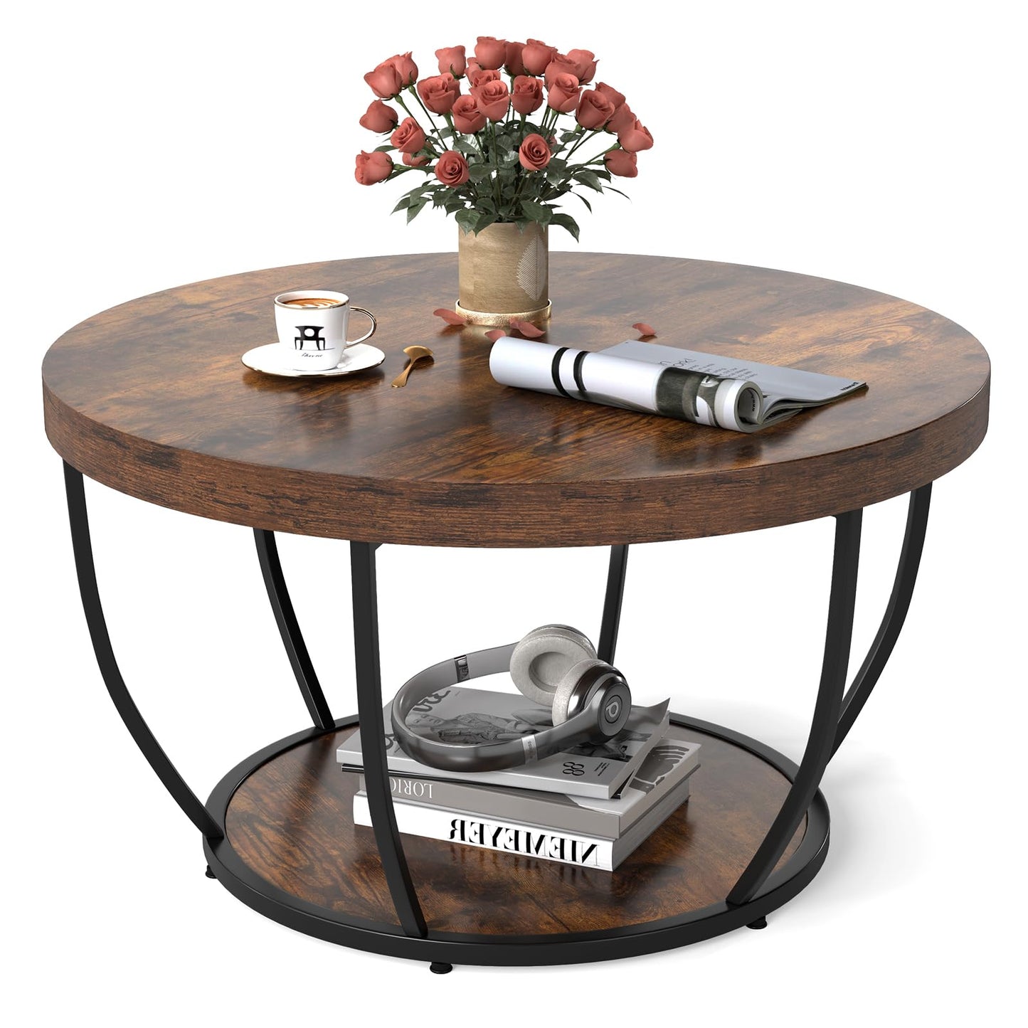 2-Tier Metal Frame Industrial Accent Cocktail Center Unit Sofa Side Tea Table