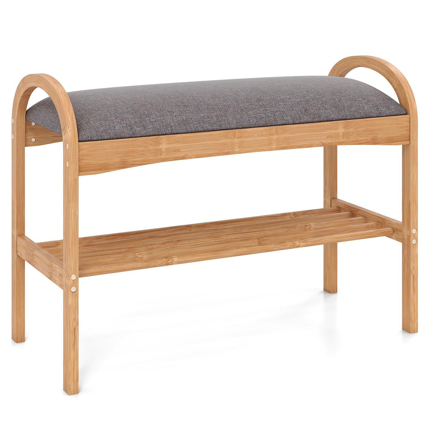 Bamboo Shoe Bench, 2-Tier Shoe Rack Organiser with Padded Seat Cushion and Shelf