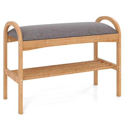 Bamboo Shoe Bench, 2-Tier Shoe Rack Organiser with Padded Seat Cushion and Shelf