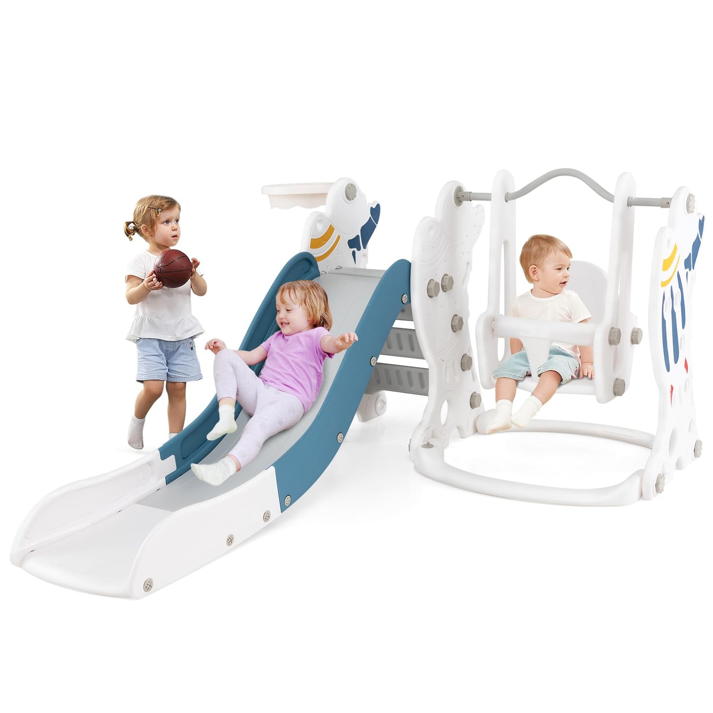 Toddler Slide and Swing Set with Extended Slide, Swing, Basketball Hoop and Climber