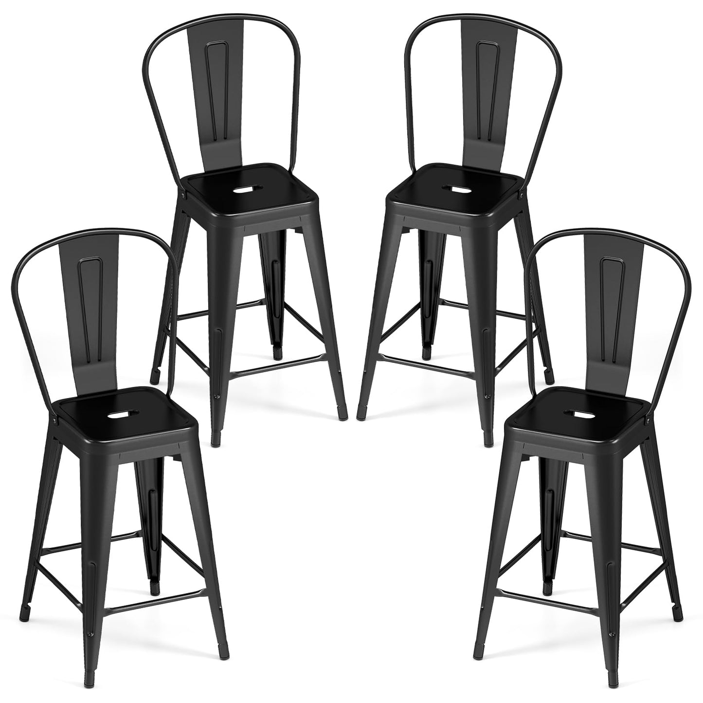 62 cm Metal Bar Stools Set of 4 with Backrests and Footrests
