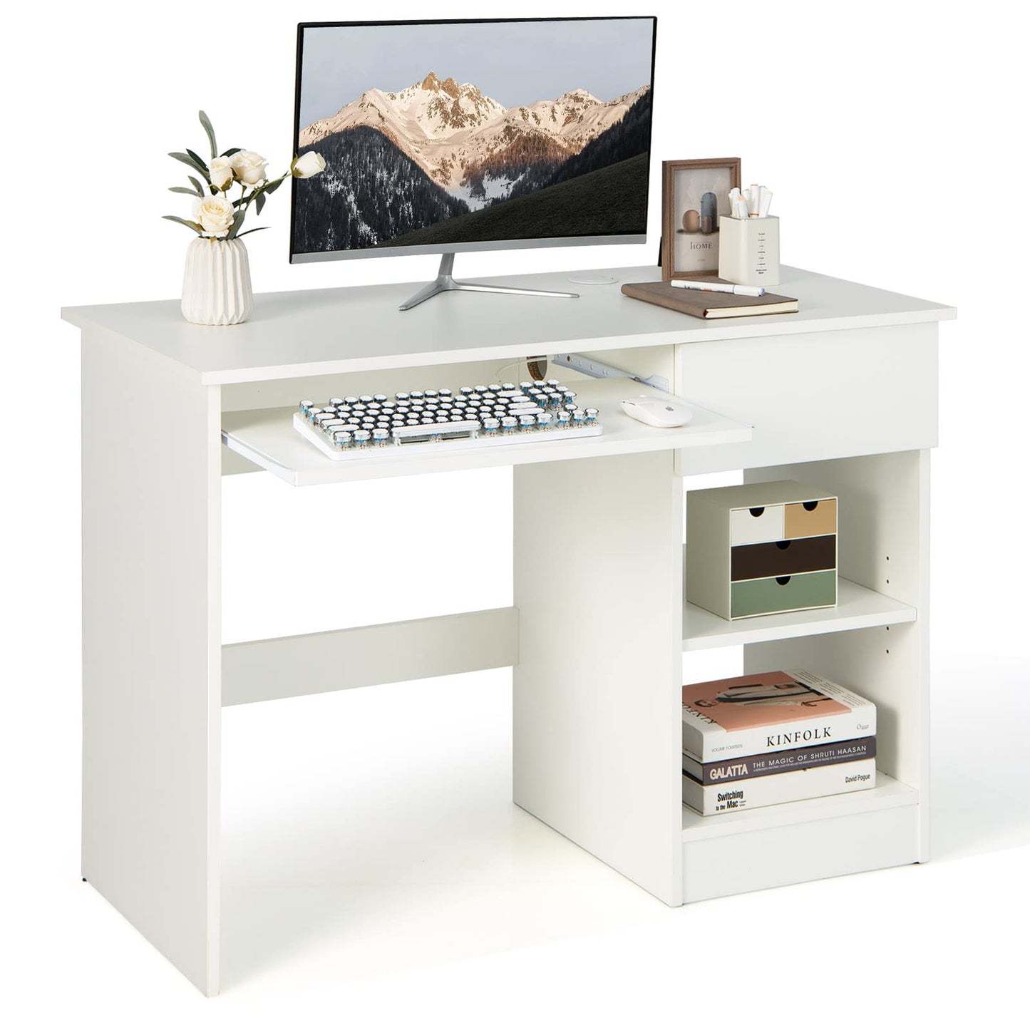 Wooden Computer Desk with Pull-out Keyboard Tray and Adjustable Storage Shelves