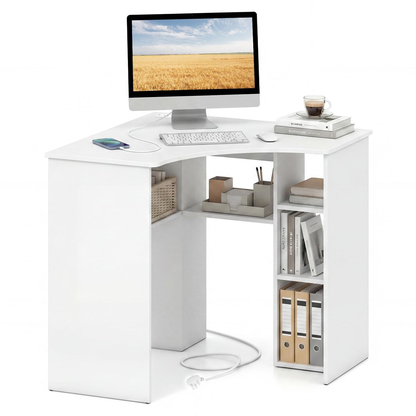 Charging Station and Storage Shelves, Space-Saving Wooden Gaming PC Laptop Table