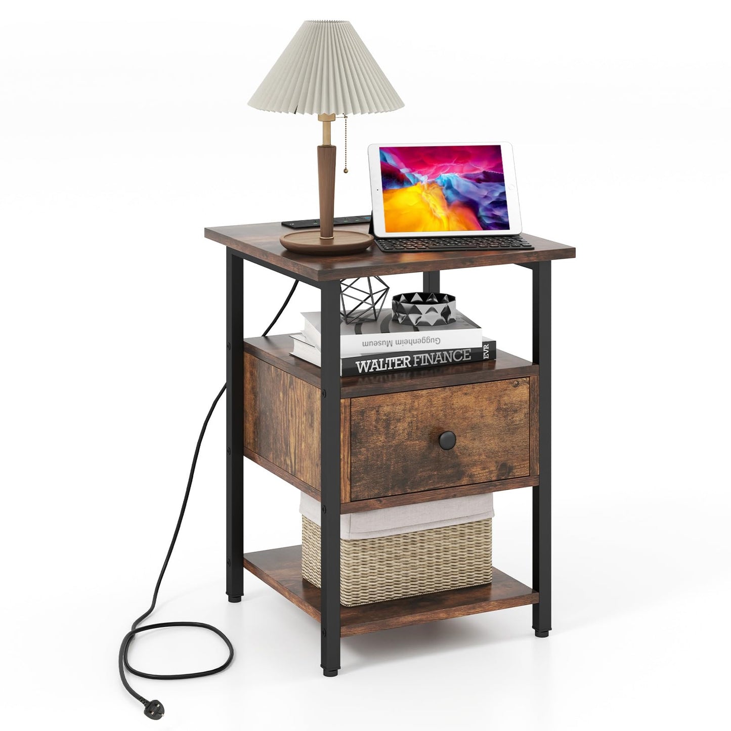 3-Tier Nightstand with Charging Station Open Shelves and Drawer