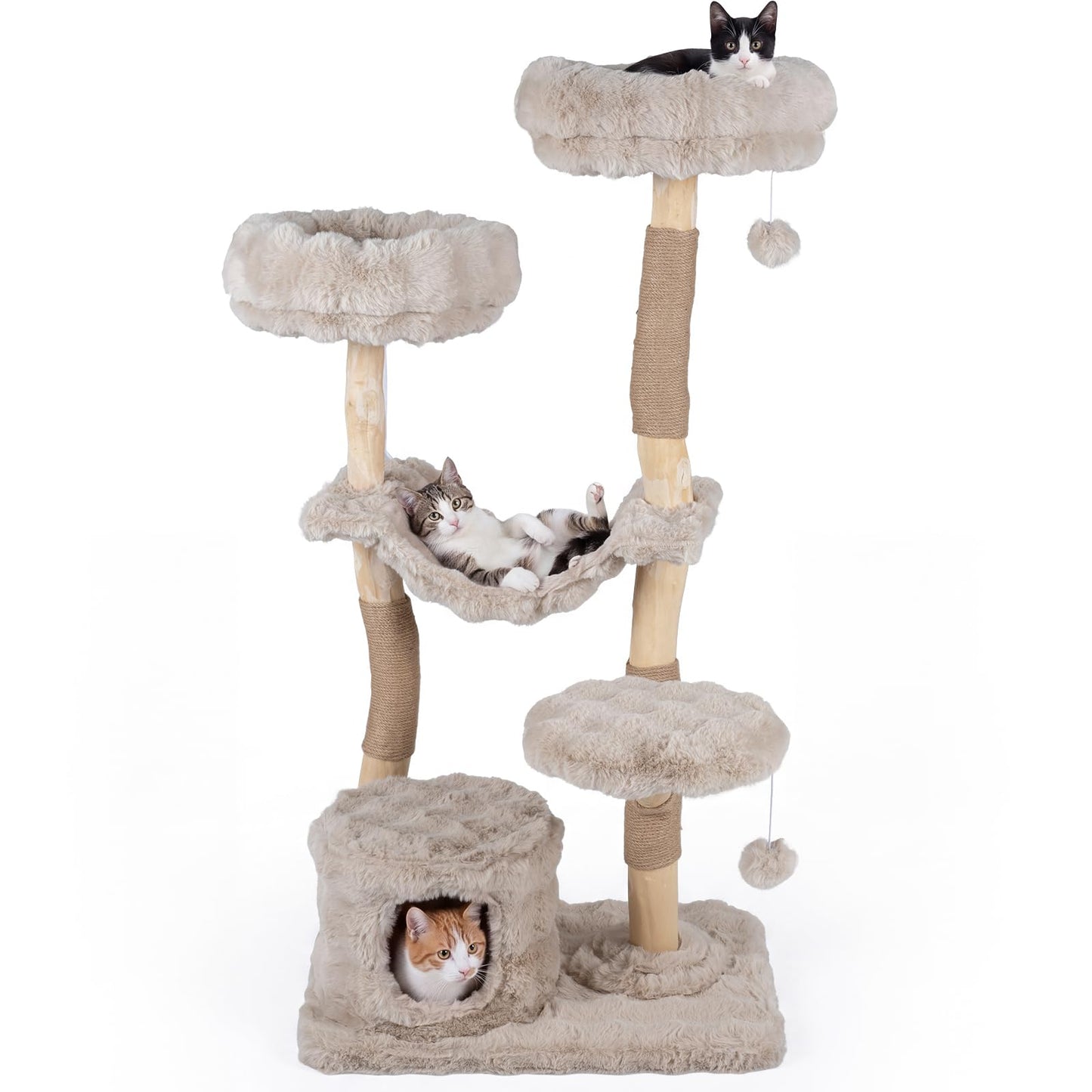 147cm Cat Tree Tower with Cat Cave with Sisal Scratching Poles and 2 Plush Play Balls for Indoor Cats