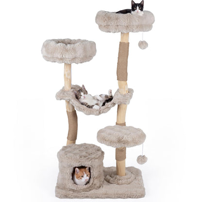 147cm Cat Tree Tower with Cat Cave with Sisal Scratching Poles and 2 Plush Play Balls for Indoor Cats