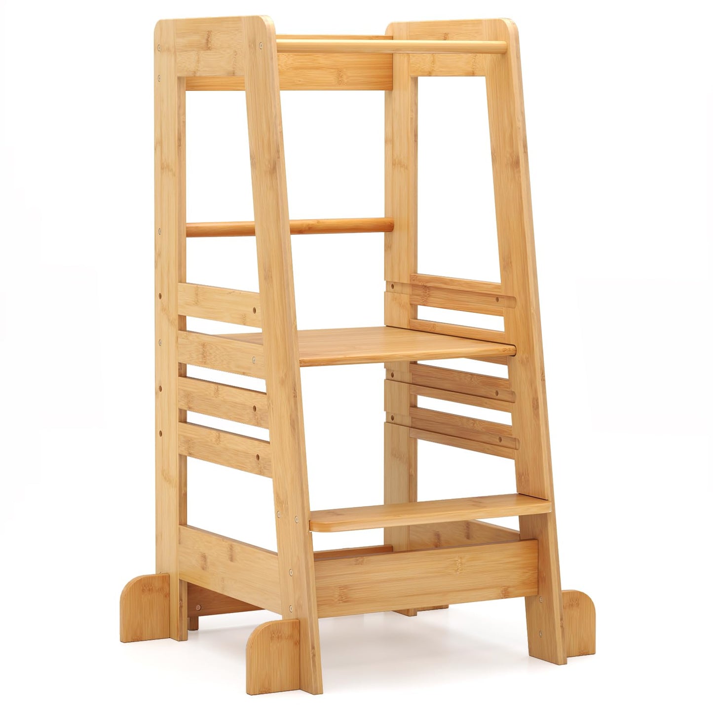 Bamboo Kids Step Stool with Height Adjustable Platform and Safety Rail