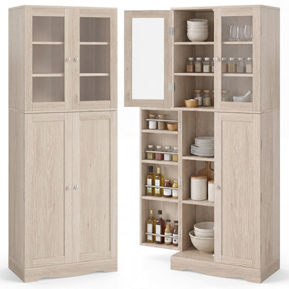 Kitchen Pantry Storage Cabinet with Glass Doors and Storage Shelves