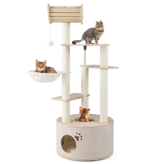 141cm Tall Wooden Cat Tree for Indoor Cats Solid Plywood Multi-Level Kitten Tower