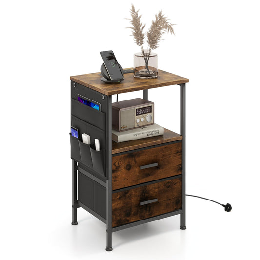 Nightstand with Charging Station with 2 Drawers and 6 Side Pockets