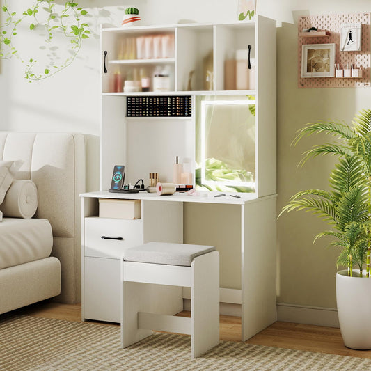 Dressing Table with LED Mirror and Stool, Wooden Makeup Table Vanity Desk Set