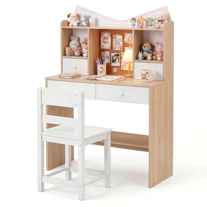 Kids Desk and Chair Set, Wooden Student Study Table with Drawers