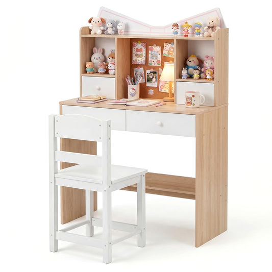Kids Desk and Chair Set, Wooden Student Study Table with Drawers