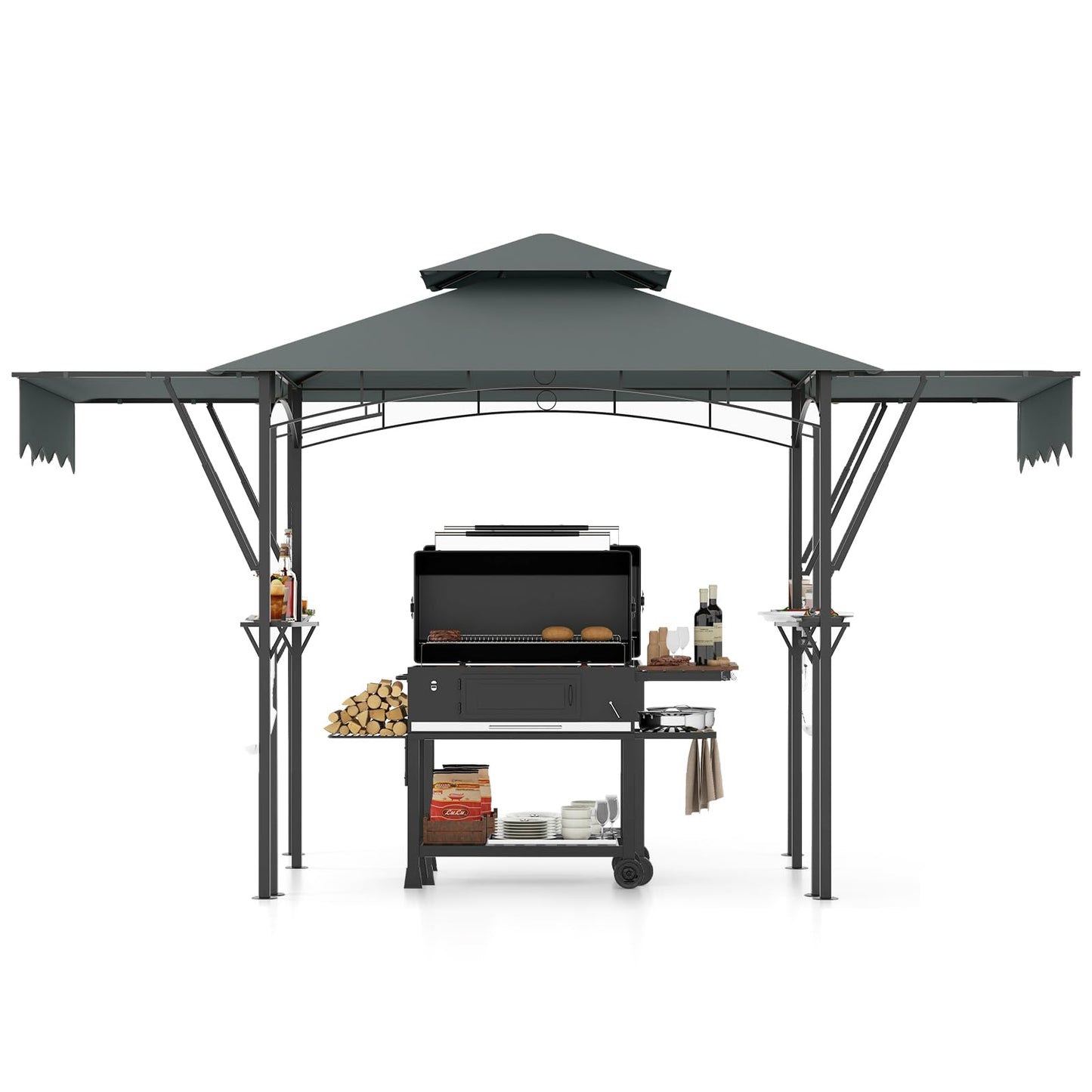 398 x 153 cm Grill Gazebo with Dual Side Awnings and Adjustable Shadow